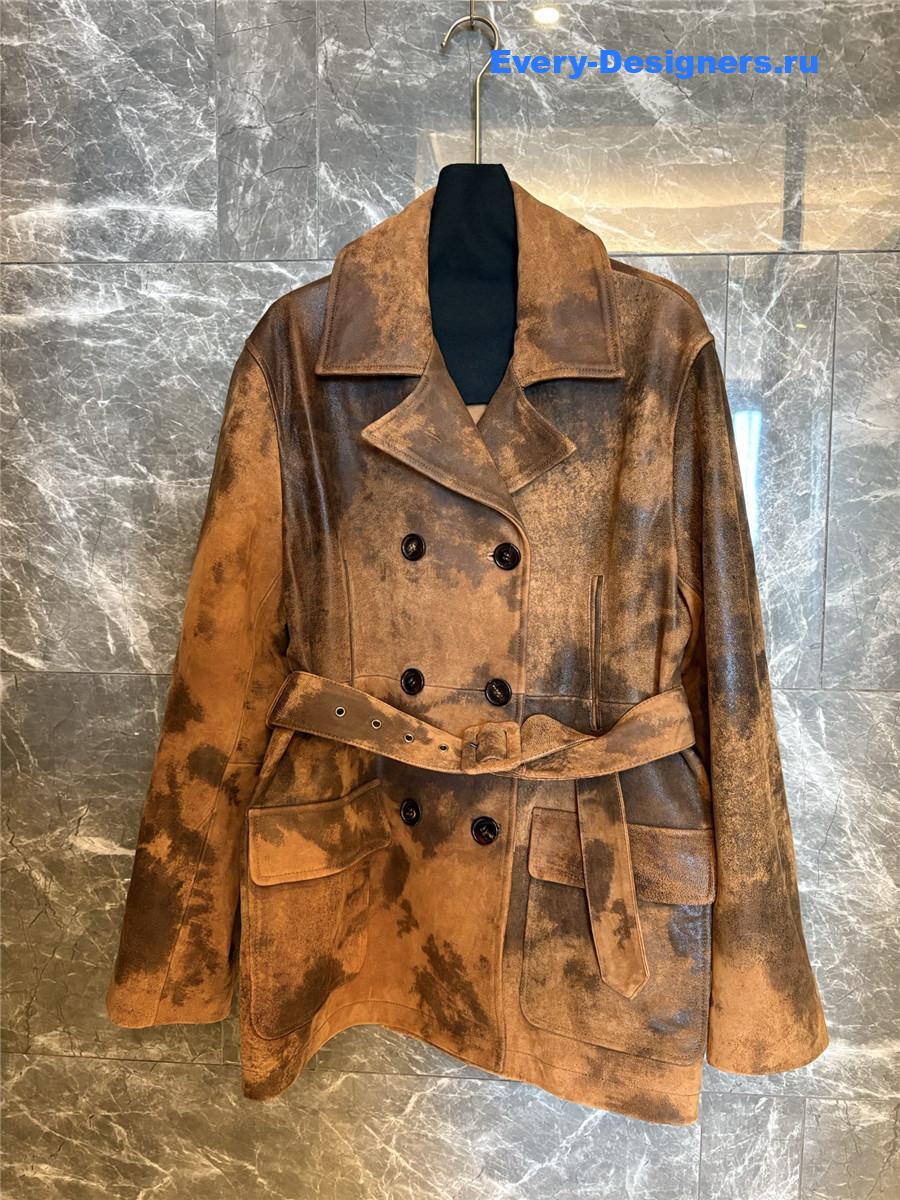 Miu Miu Cognac Double-breasted Waxed Suede Caban Jacket