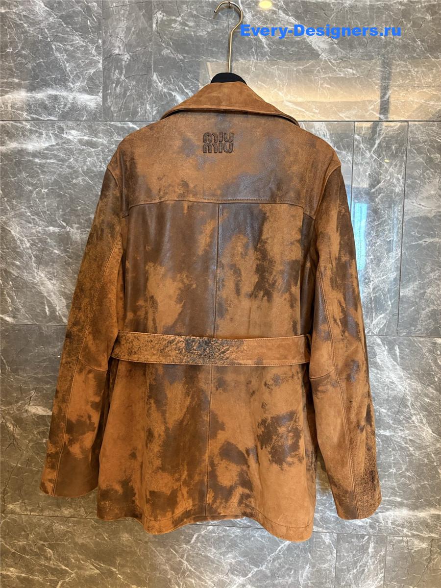 Miu Miu Cognac Double-breasted Waxed Suede Caban Jacket