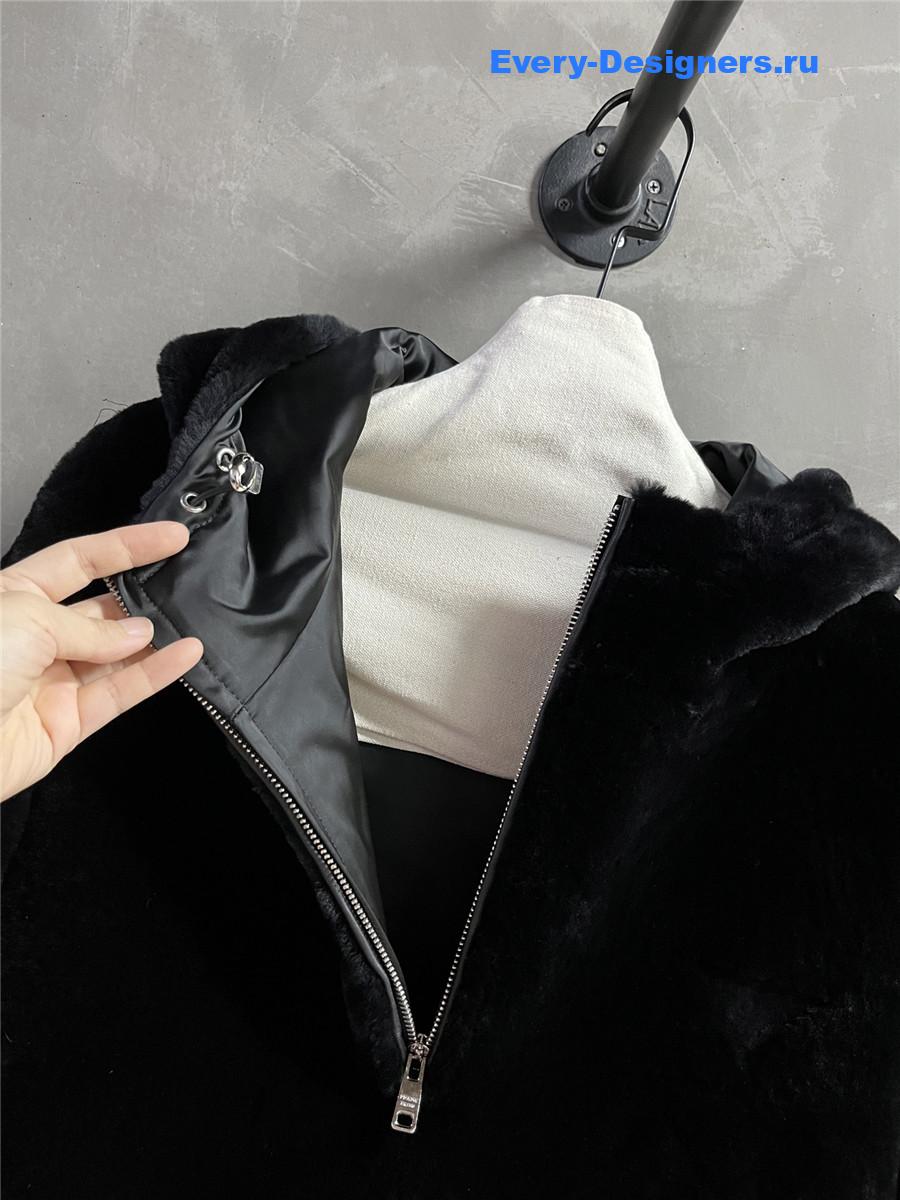 Pra*a black shearling hooded jacket