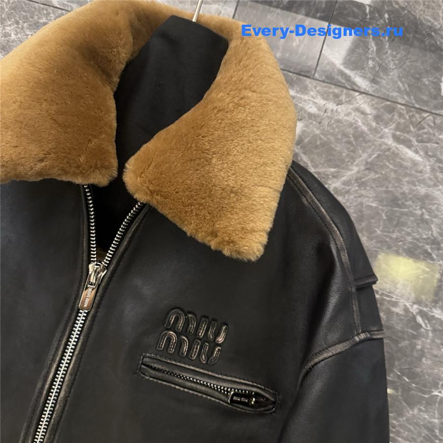 Miu Miu Lamb Shearling Collar Leather Jacket