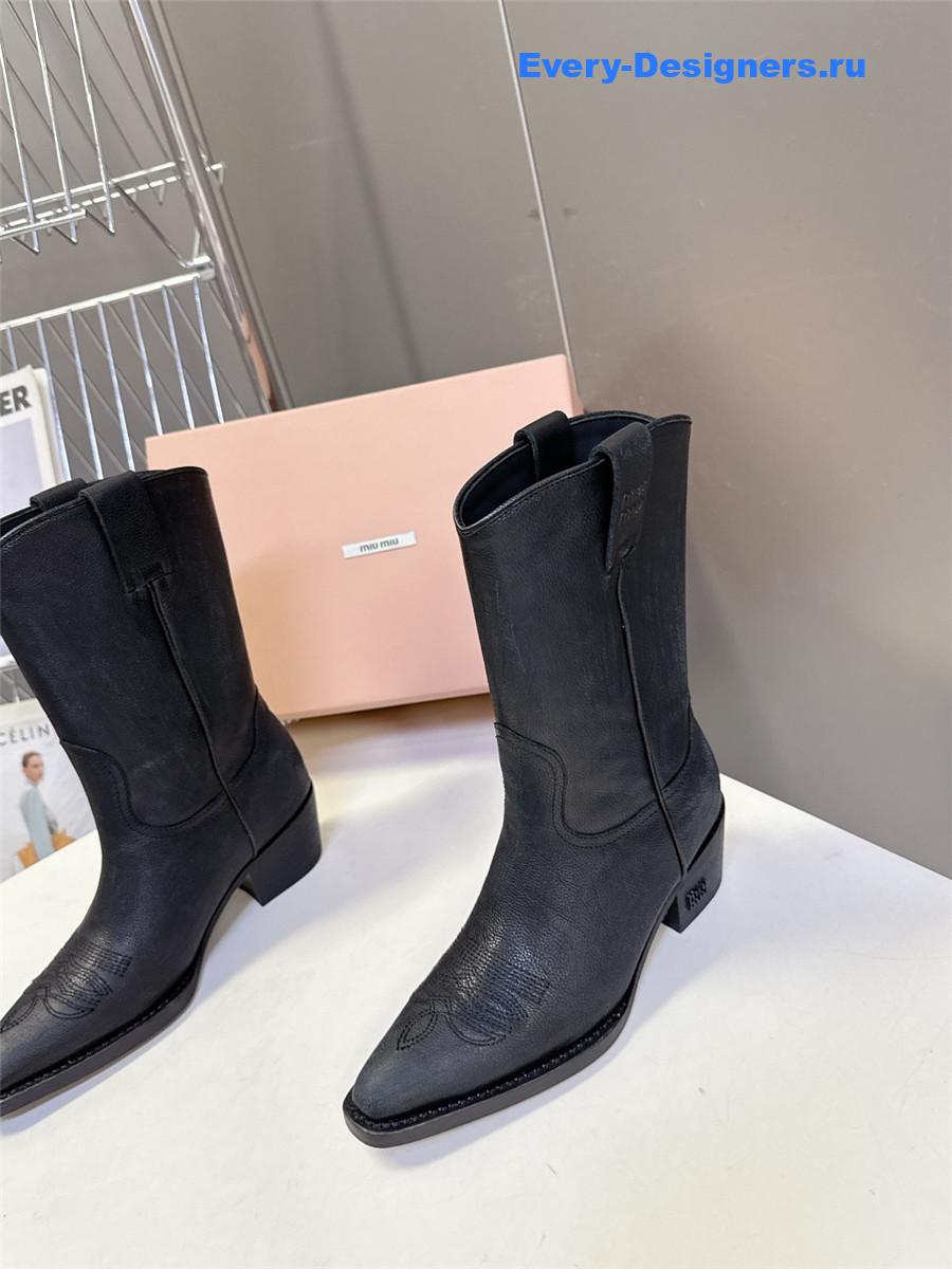 Miu Miu Campero Black Leather Cowboy Boots