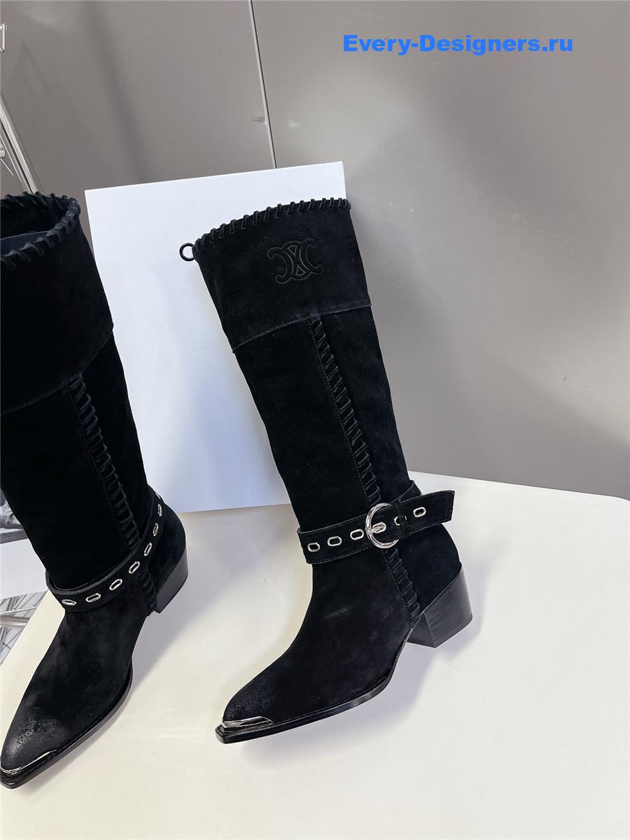 Ce1i*e pointed toe knee high black cowboy boots