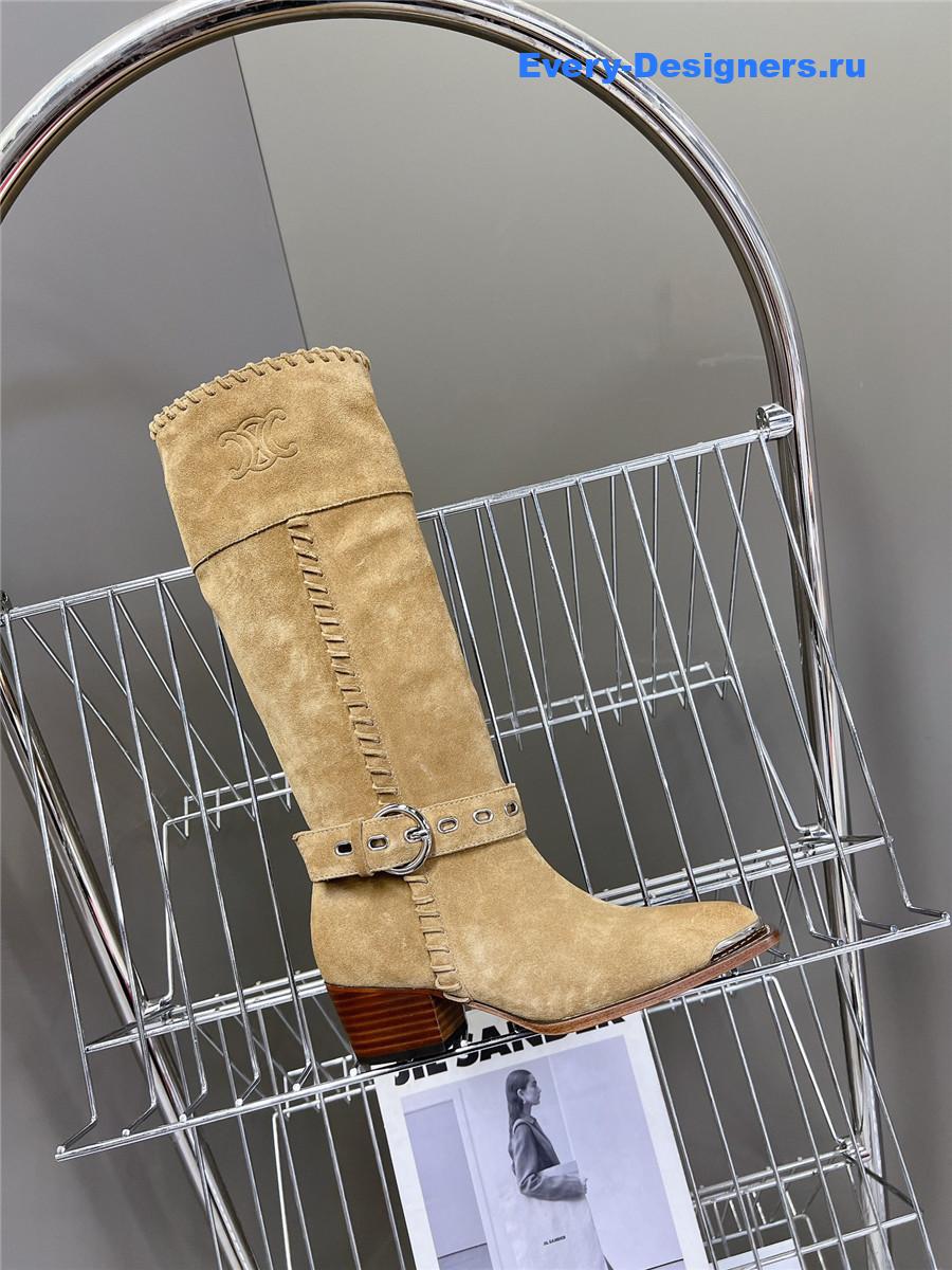 Ce1i*e pointed toe knee high beige cowboy boots