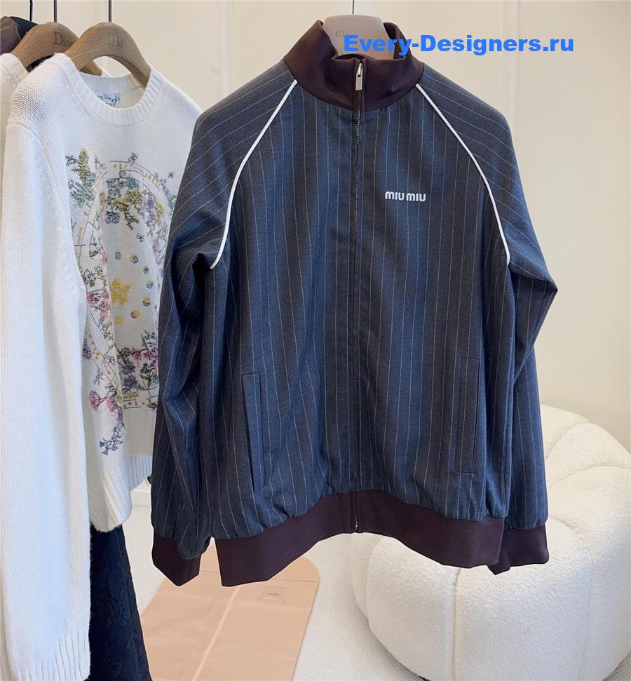 Miu Miu Slate Gray Pinstriped Zipper Blouson