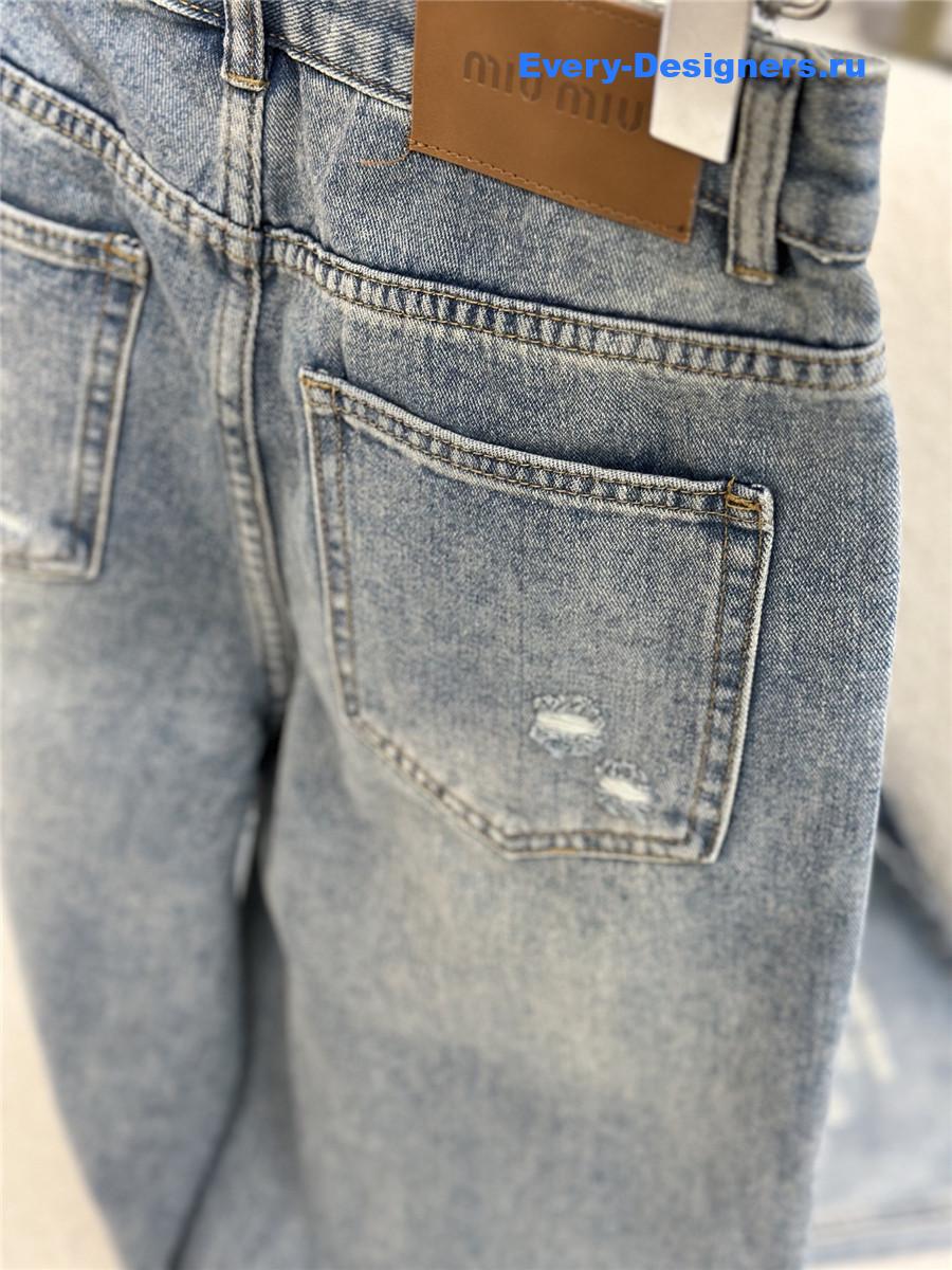 Miu Miu Blue Lettering Ripped Jeans