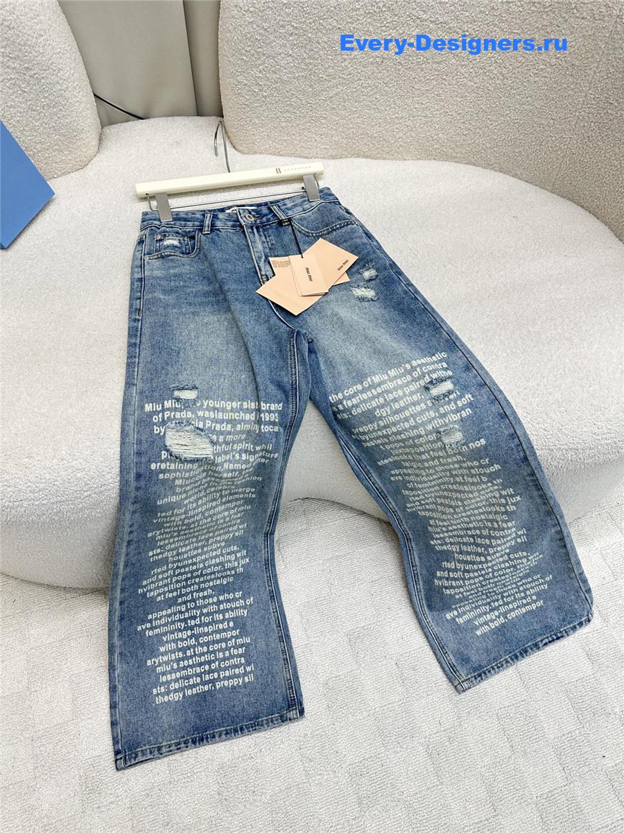 Miu Miu Blue Lettering Ripped Jeans