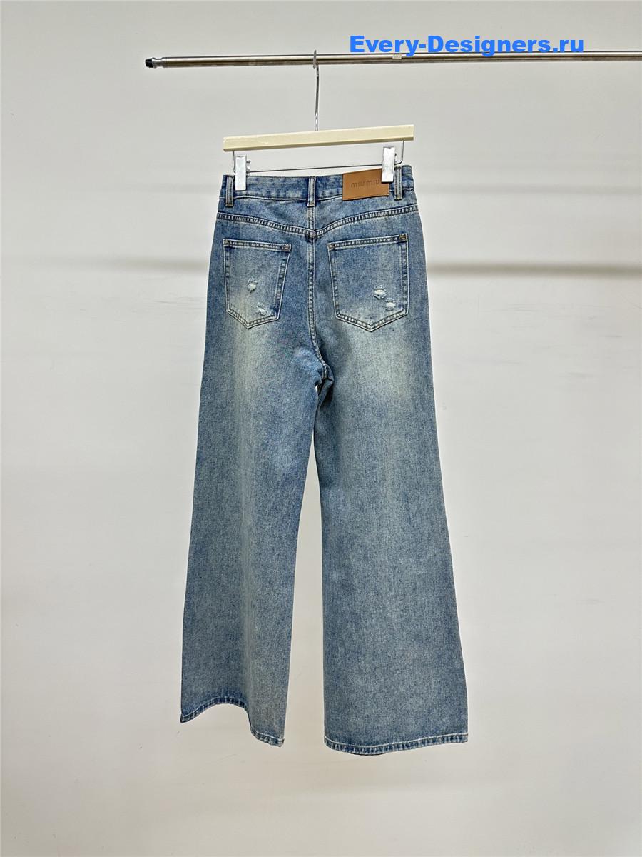 Miu Miu Blue Lettering Ripped Jeans