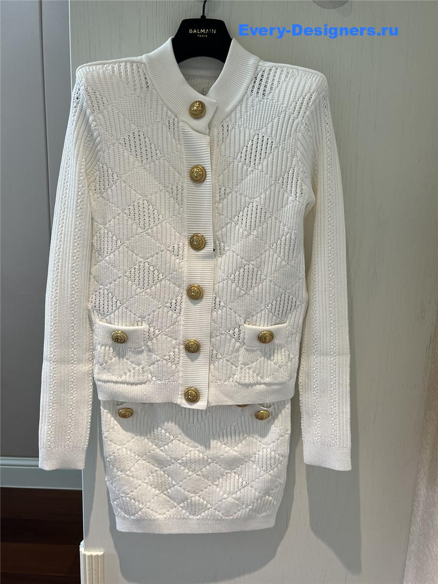 Balmain White Pointelle Ribbed-knit Cardigan