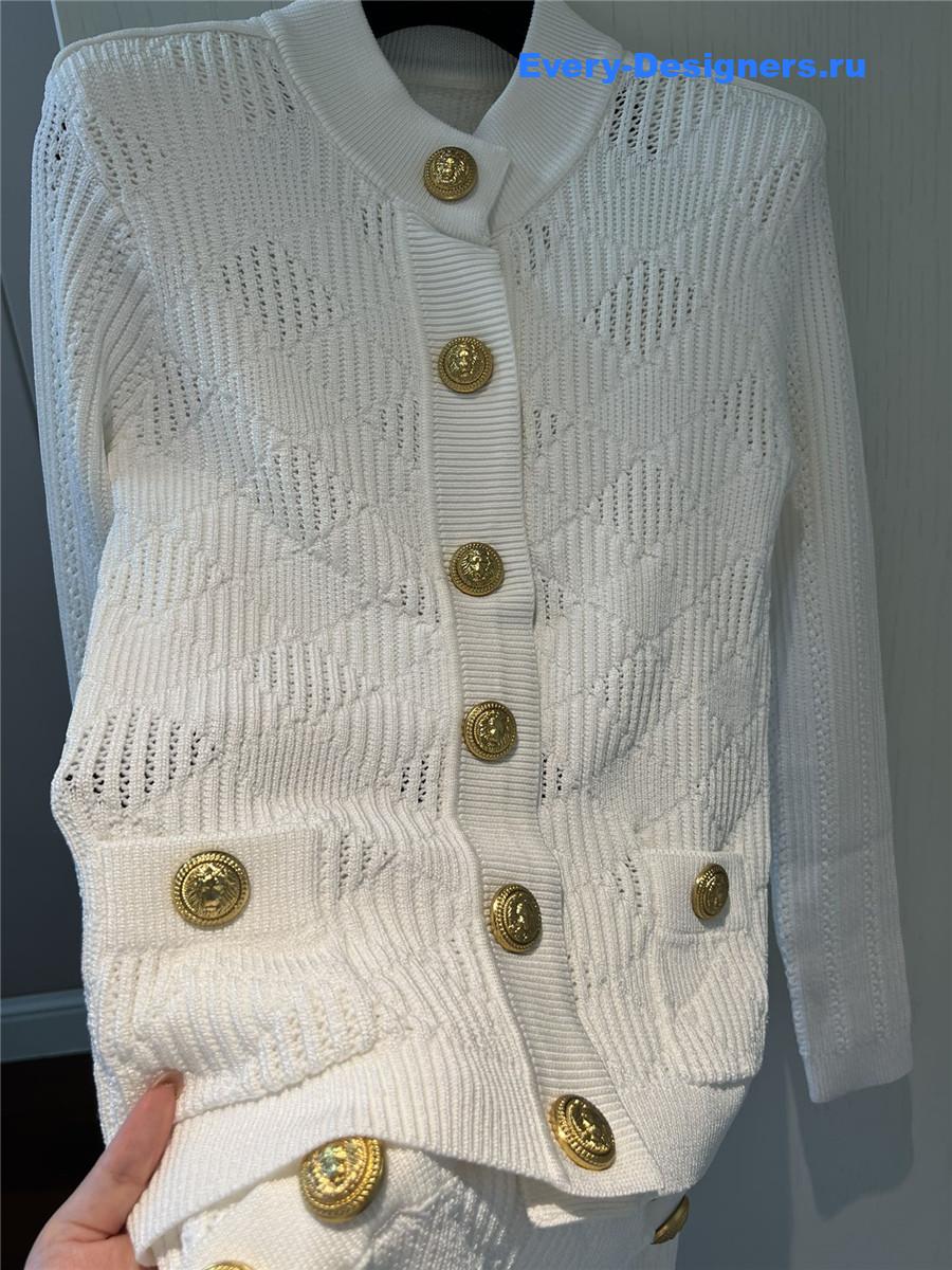 Balmain White Pointelle Ribbed-knit Cardigan
