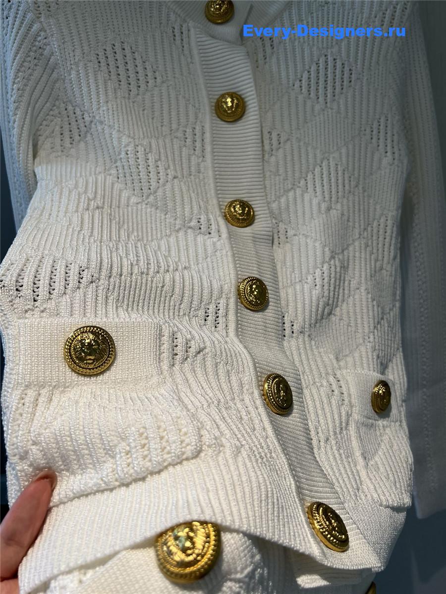 Balmain White Pointelle Ribbed-knit Cardigan