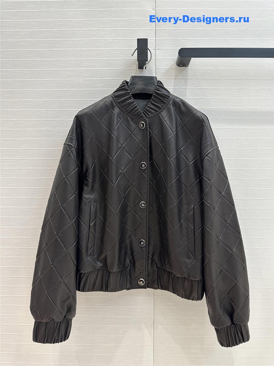 Ch**el black v neck lambskin leather jacket