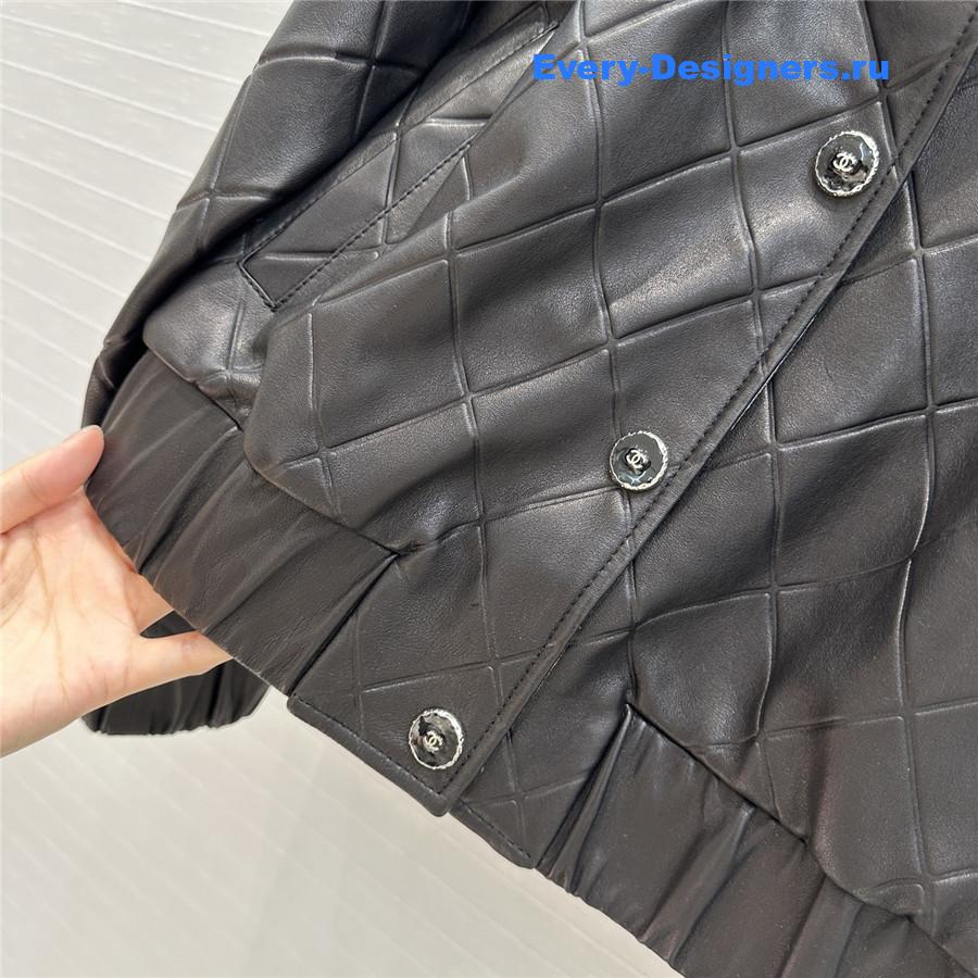 Ch**el black v neck lambskin leather jacket