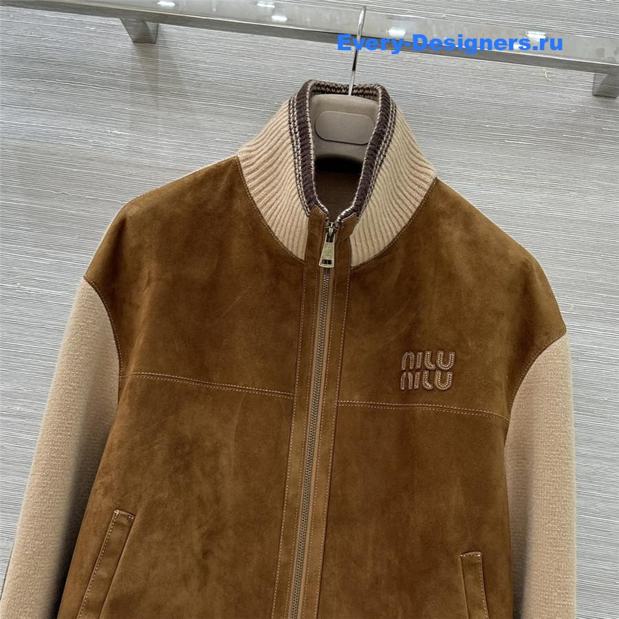 Miu Miu Camel Wool & Leather Zipper Cardigan Jacket