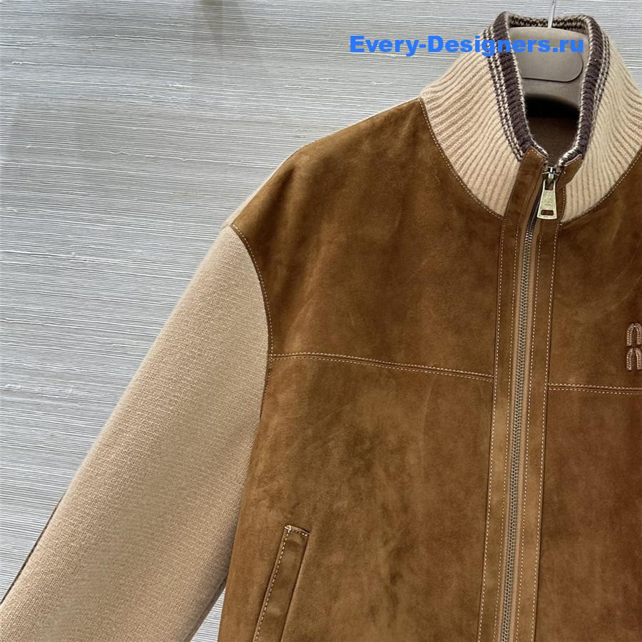 Miu Miu Camel Wool & Leather Zipper Cardigan Jacket