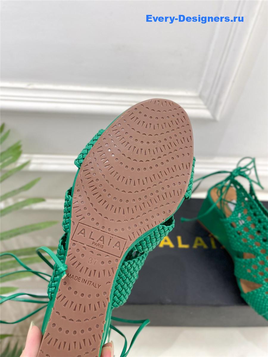 Alaia Green Hollow Woven Wedge Sandals