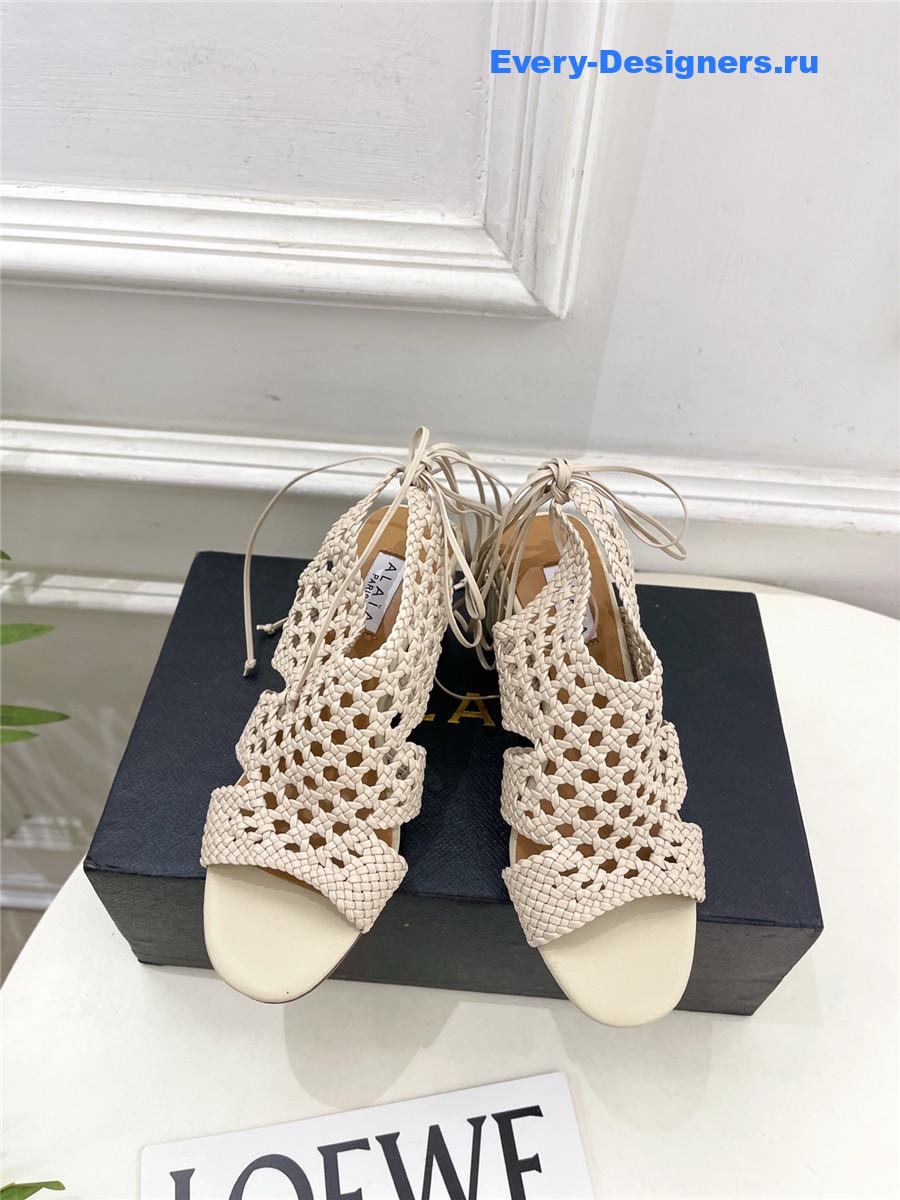 Alaia Milky White Hollow Woven Wedge Sandals