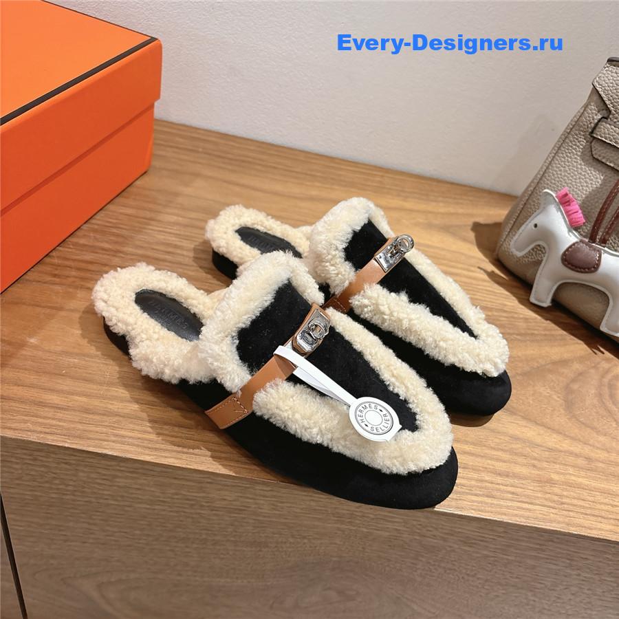 H**me5 black oz shearling suede mules