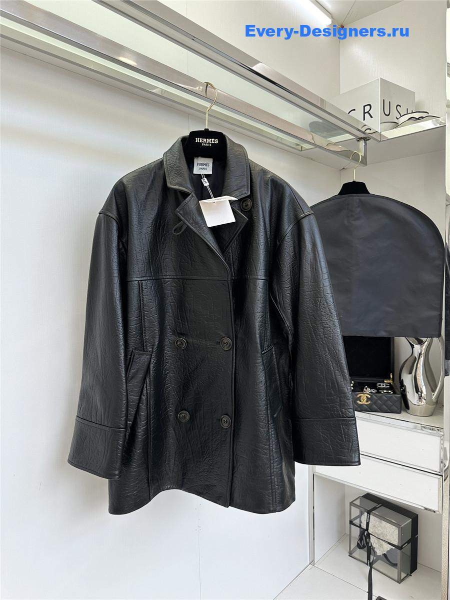 H**me5 long black leather jacket