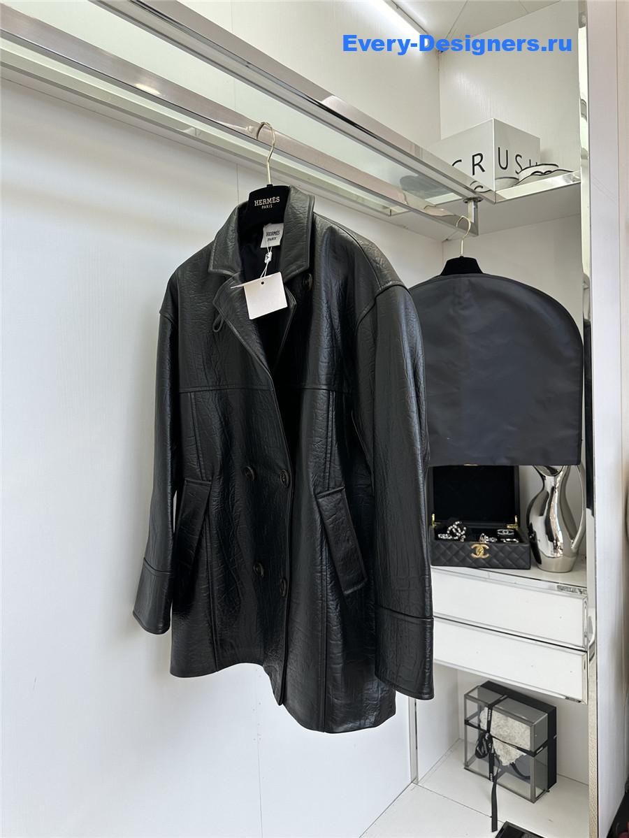 H**me5 long black leather jacket