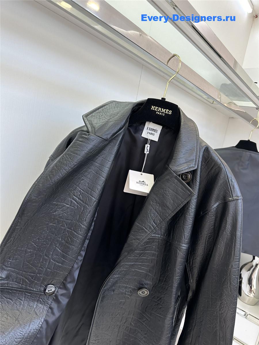 H**me5 long black leather jacket