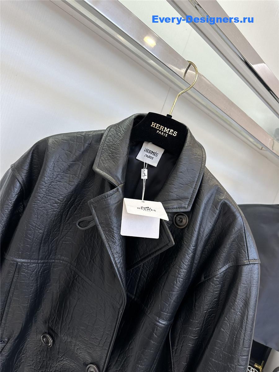 H**me5 long black leather jacket