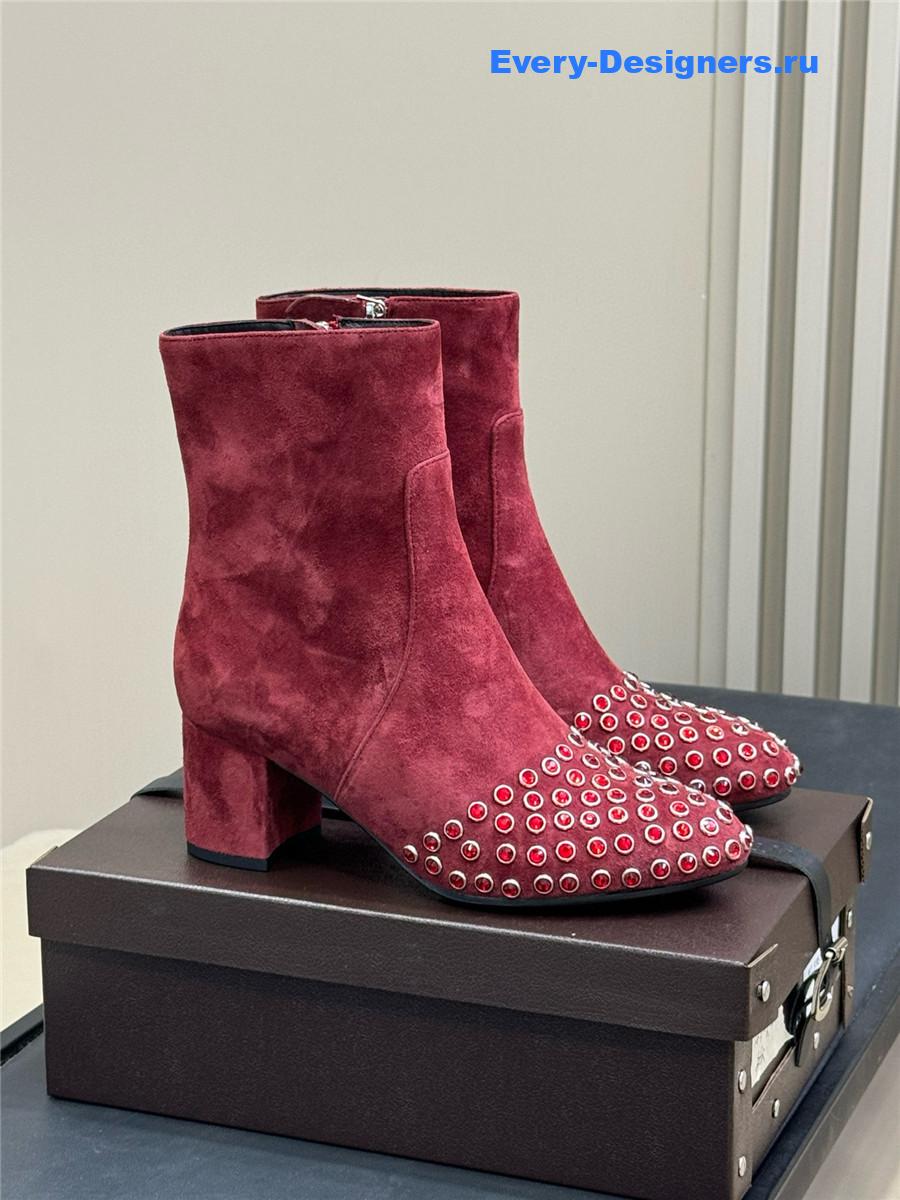 Alaïa Burgundy Suede Leather Crystal Ankle Boots