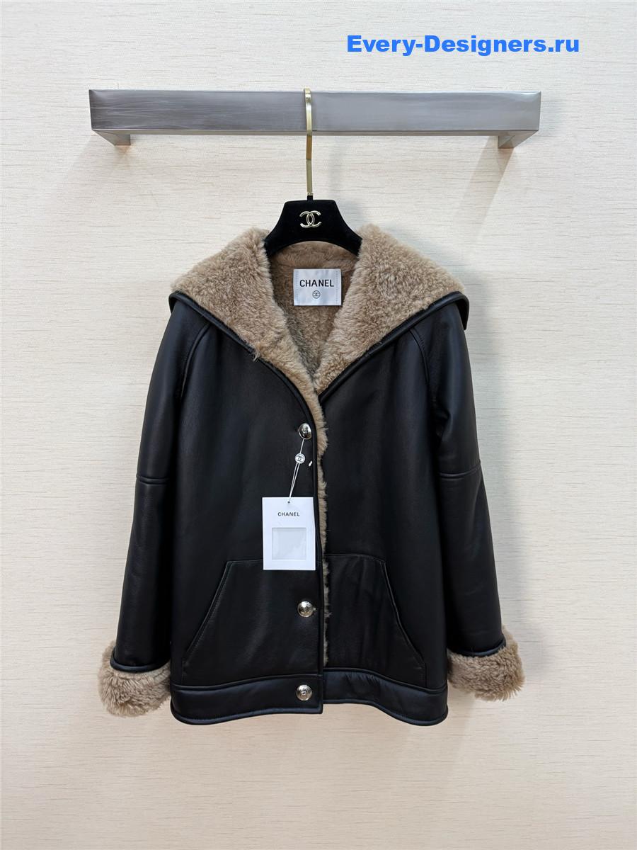 Ch**el black hooded shearling coat