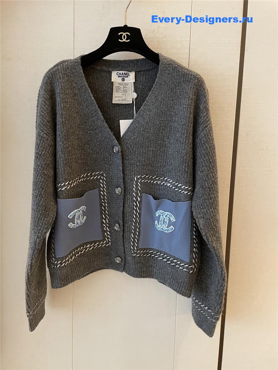 Ch**el v-neck grey wool knitted cardigan