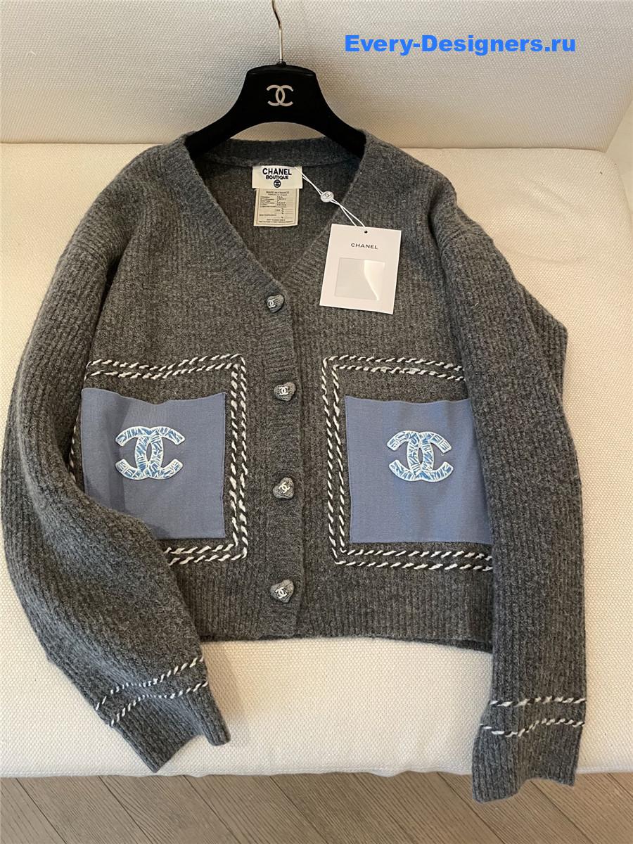 Ch**el v-neck grey wool knitted cardigan