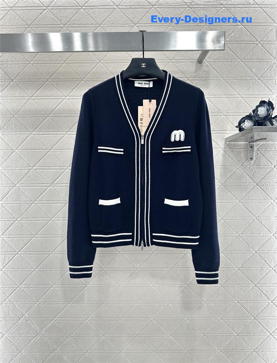 Miu Miu navy V-neck striped knitted cardigan