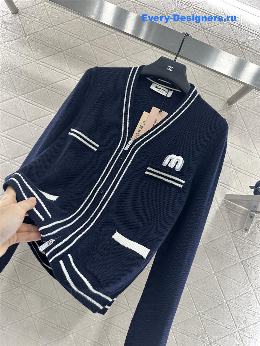 Miu Miu navy V-neck striped knitted cardigan