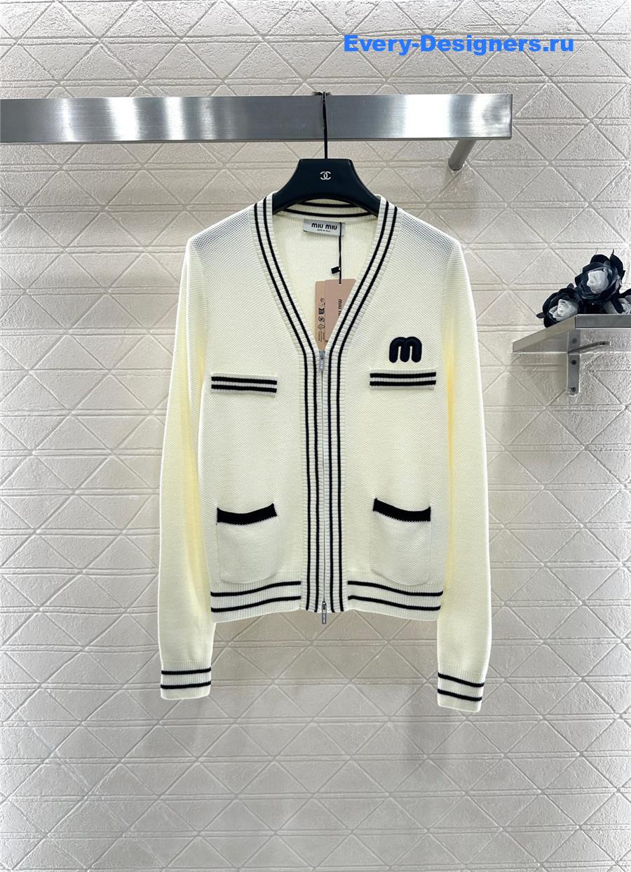Miu Miu White V-neck striped knitted cardigan