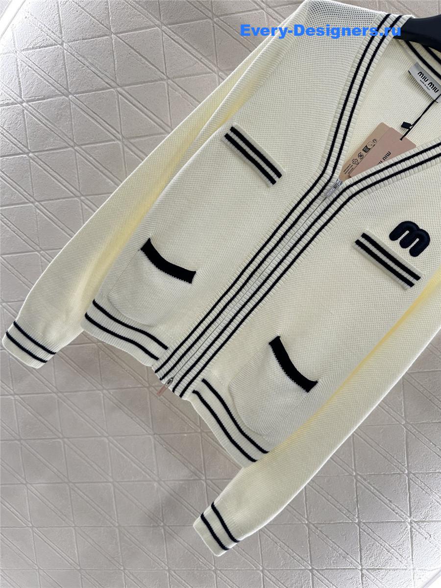 Miu Miu White V-neck striped knitted cardigan