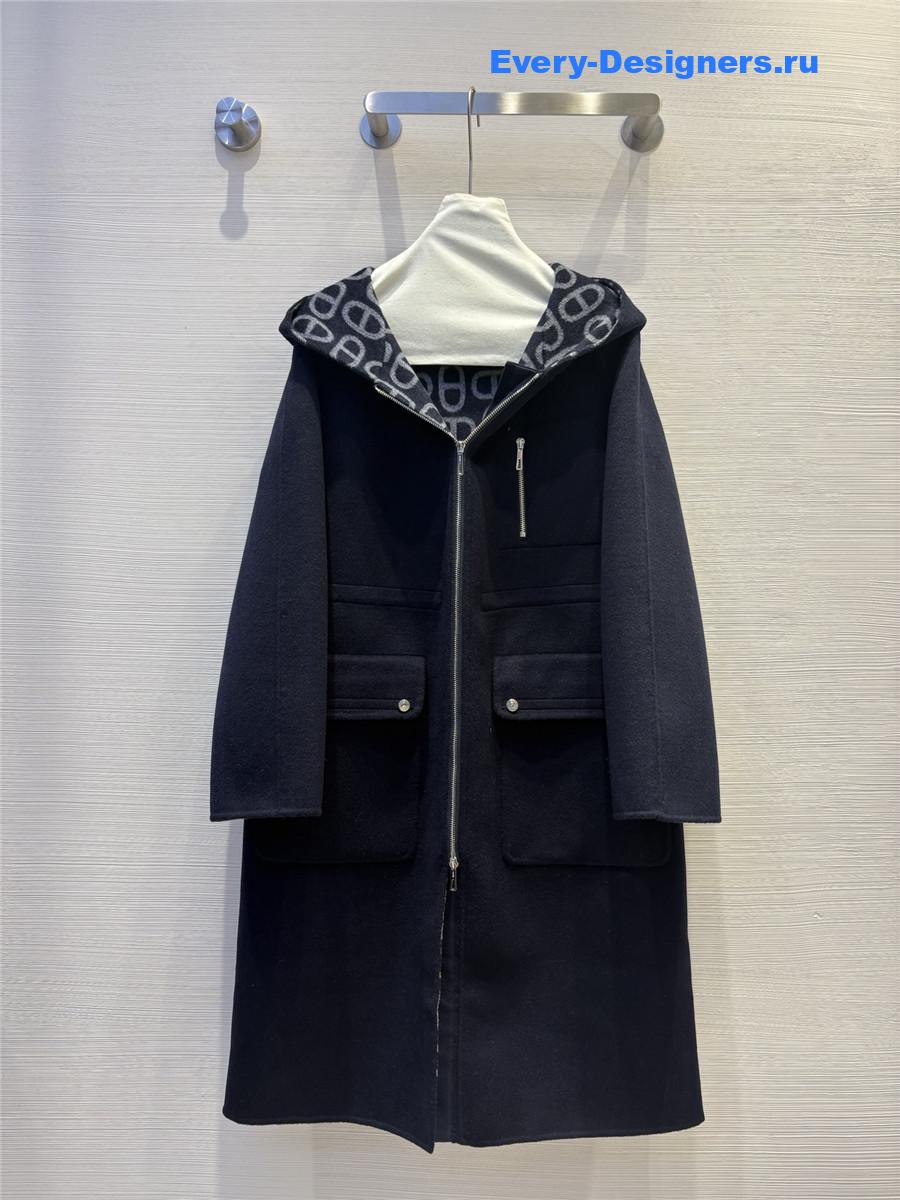 H**me5 navy double logo wool jacquard hooded coat