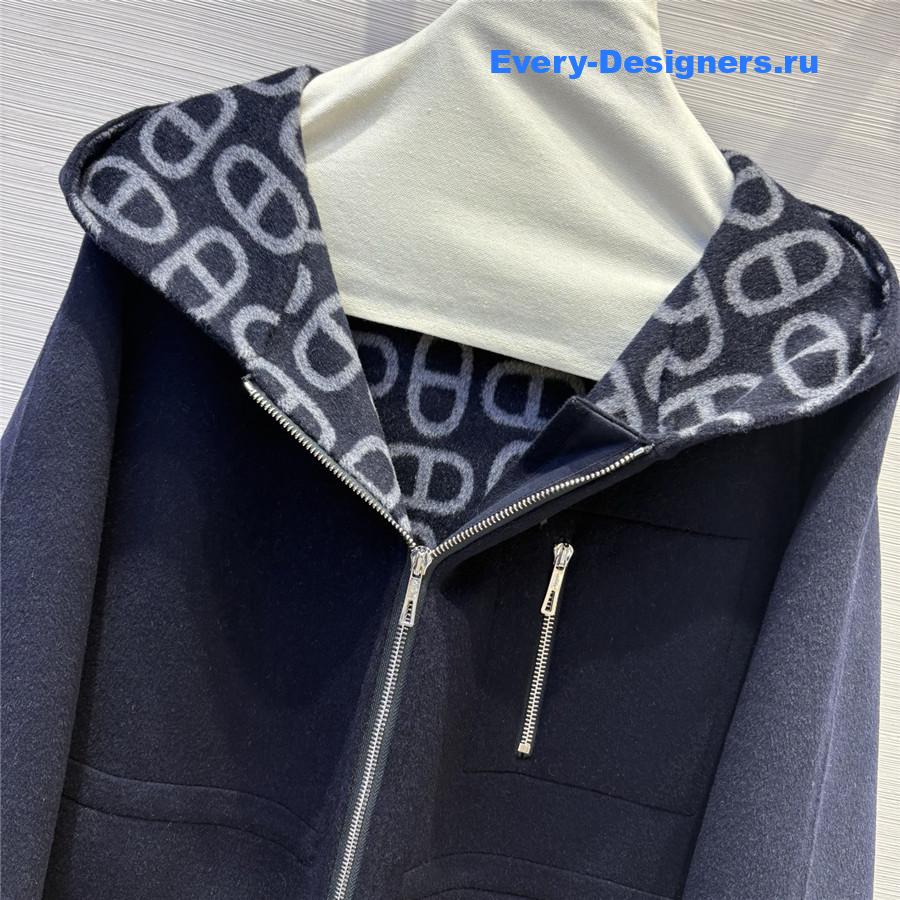 H**me5 navy double logo wool jacquard hooded coat