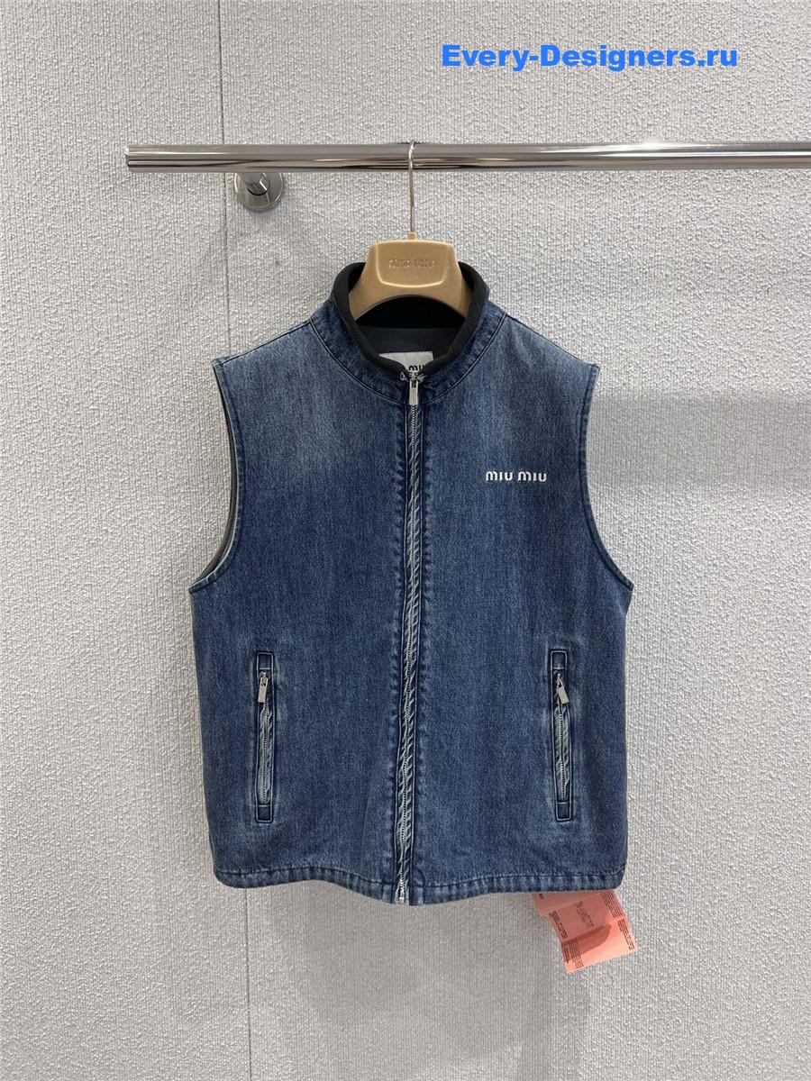 Miu Miu logo-embroidered Blue Denim Gilet