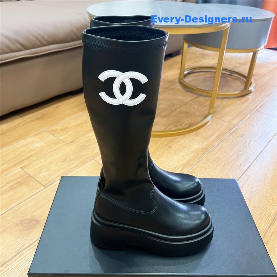 Ch**el cc logo black rubber knee high boots