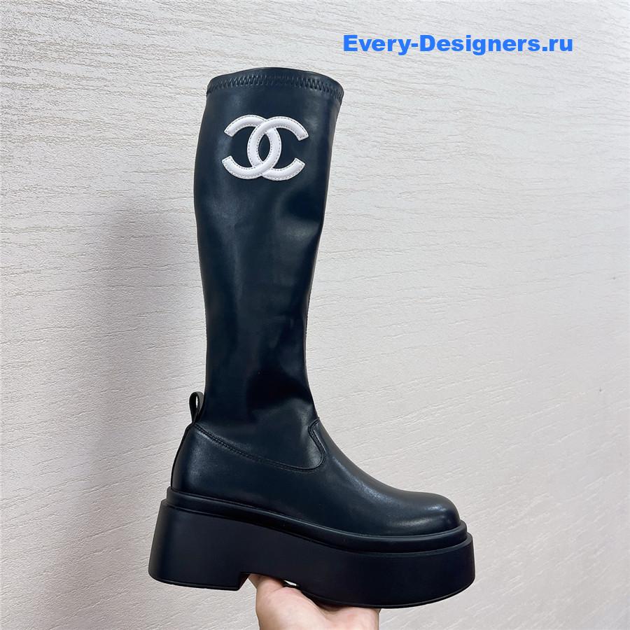 Ch**el cc logo black rubber knee high boots