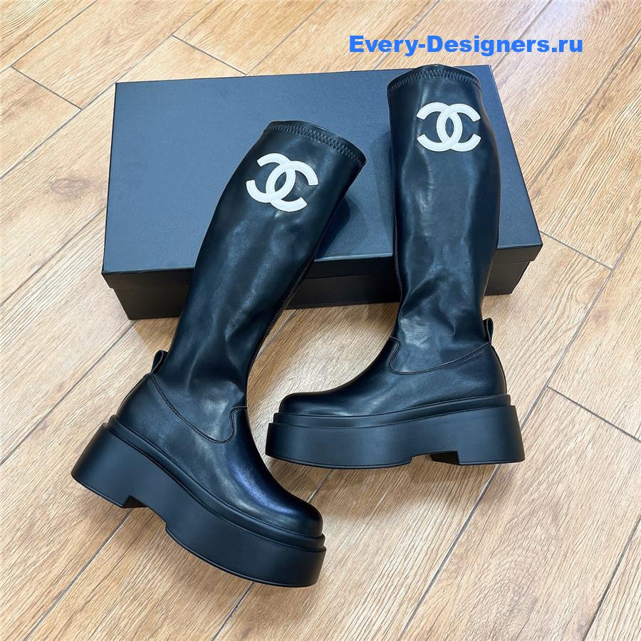 Ch**el cc logo black rubber knee high boots