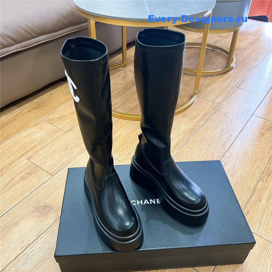 Ch**el cc logo black rubber knee high boots