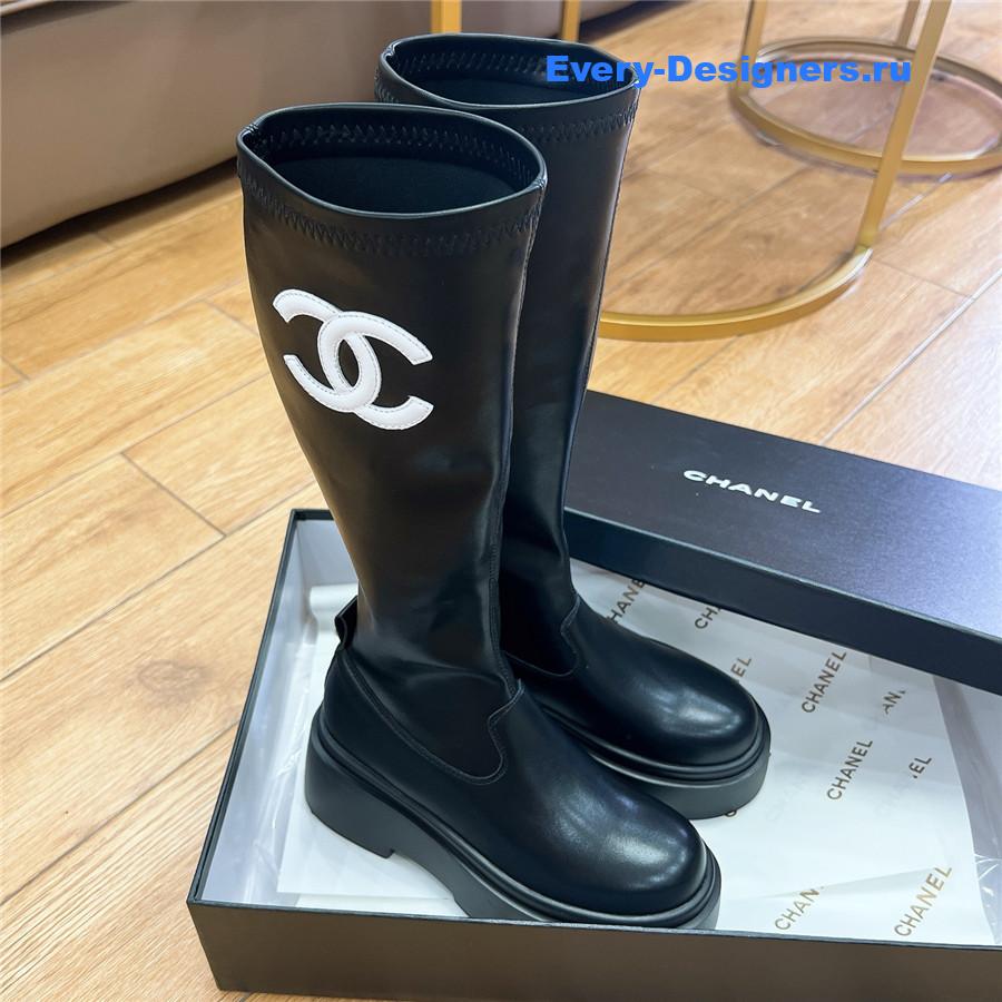Ch**el cc logo black rubber knee high boots