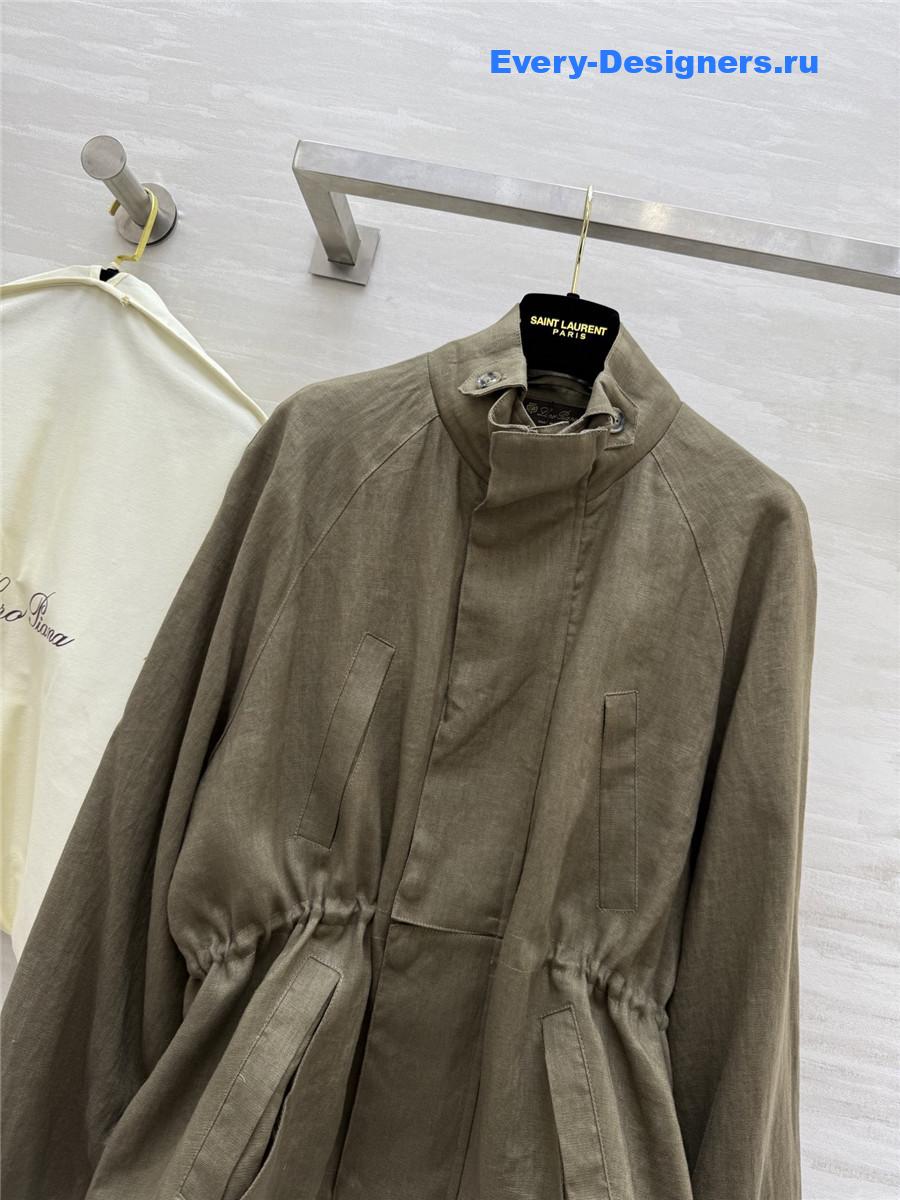L0r0 P1ana green linen stand collar coat