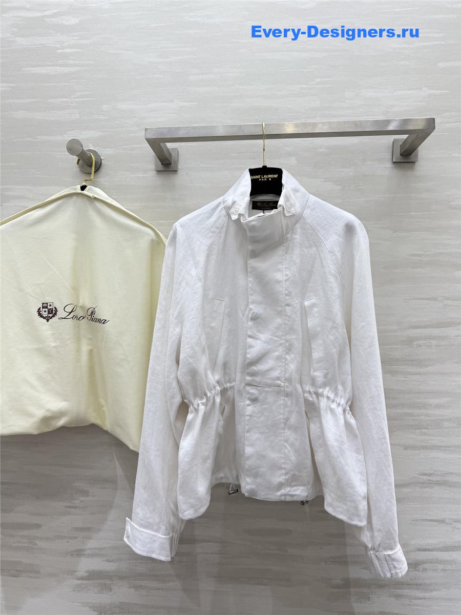 L0r0 P1ana white linen stand collar coat