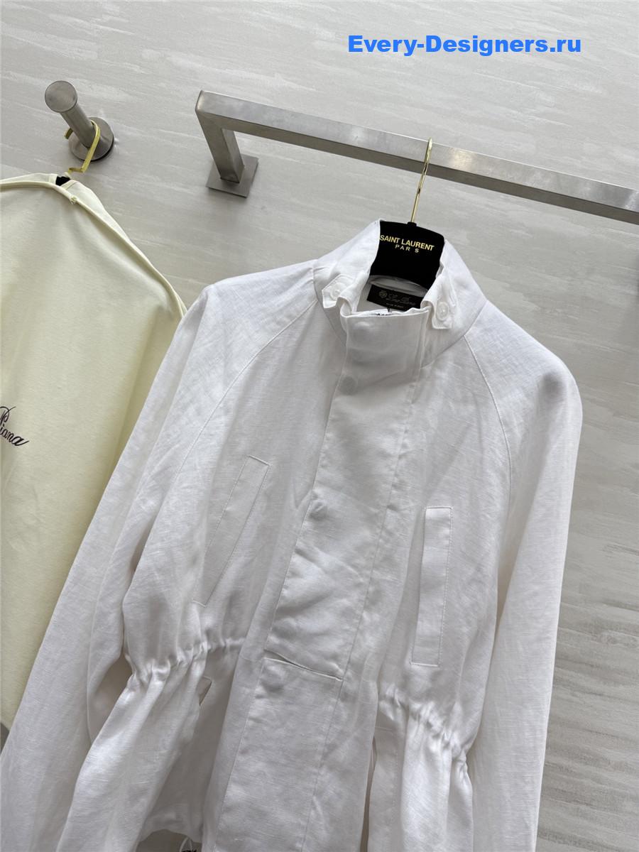 L0r0 P1ana white linen stand collar coat