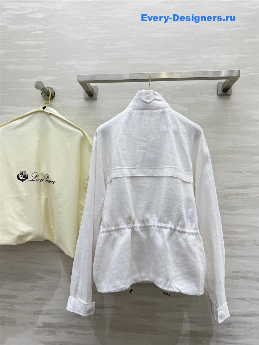 L0r0 P1ana white linen stand collar coat