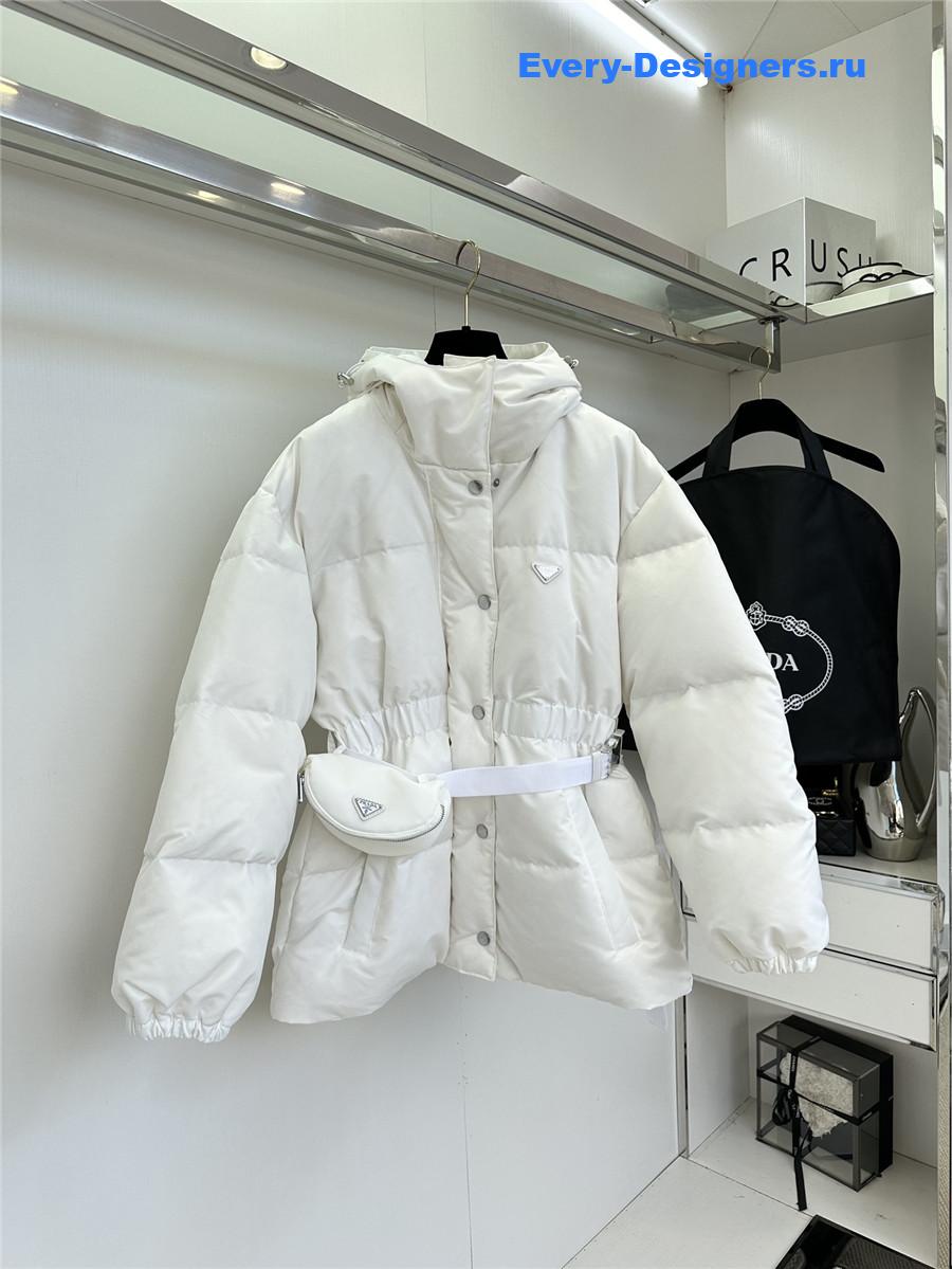 Pra*a white hooded belt bag down jacket
