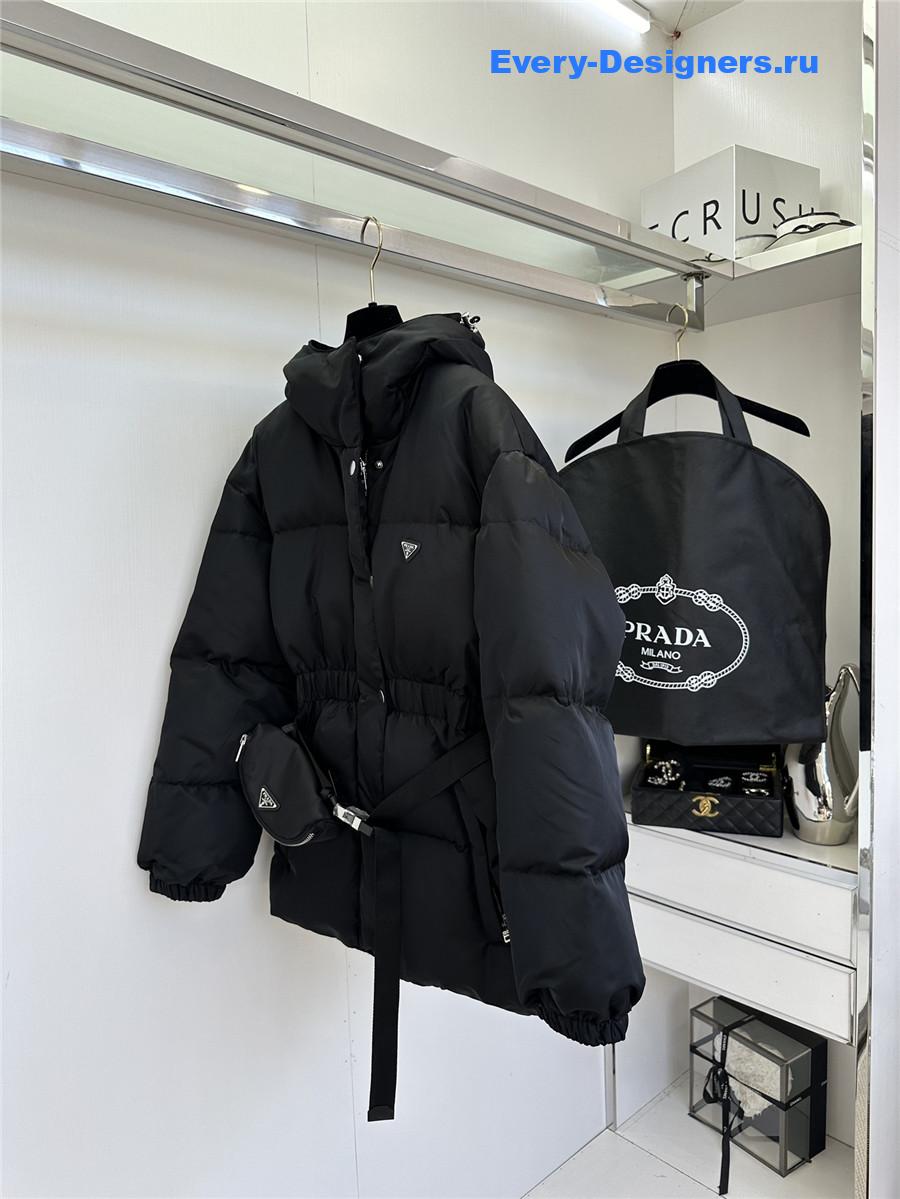 Pra*a black hooded belt bag down jacket