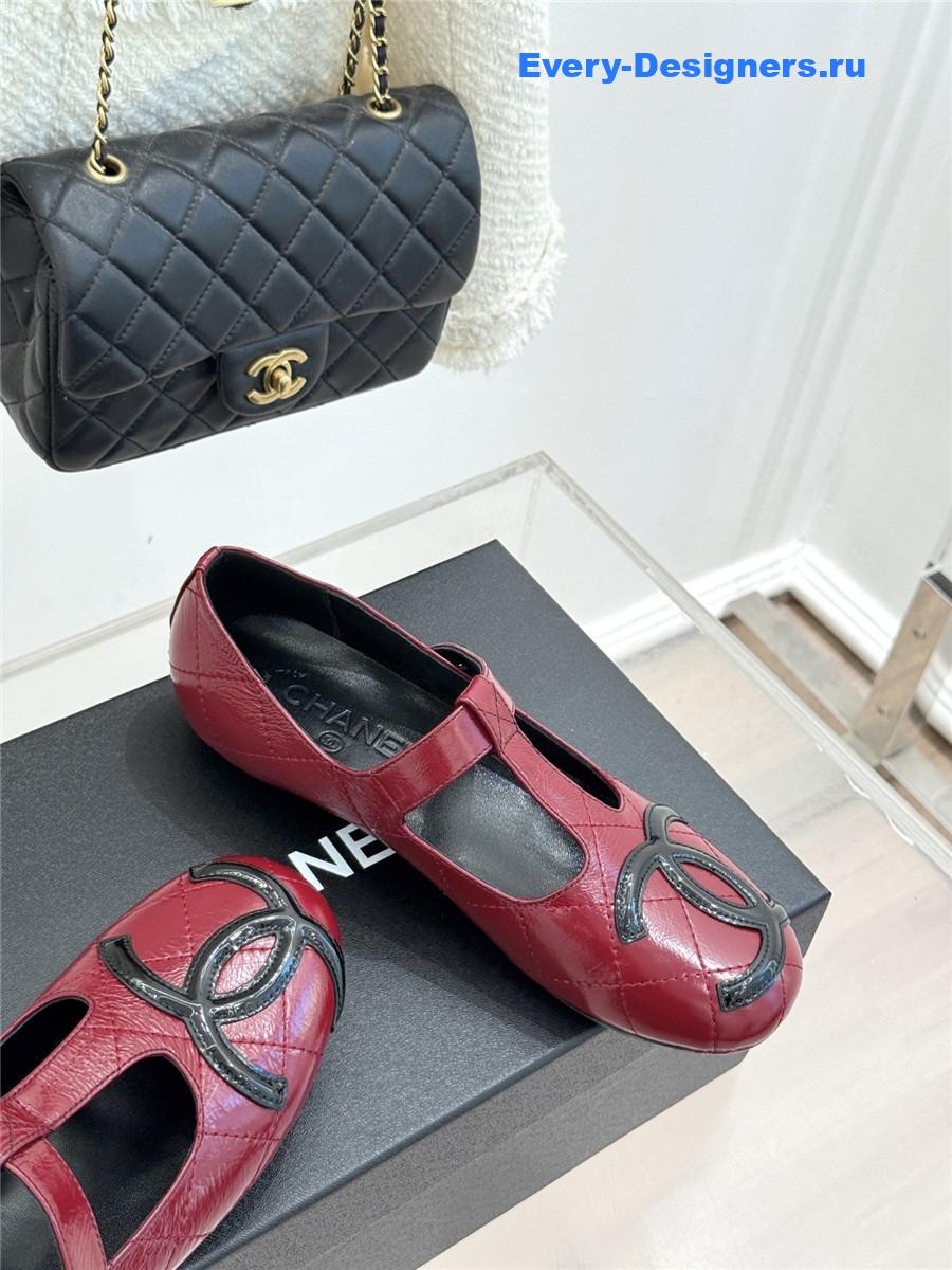 Ch**el burgundy cc t-strap ballet mary jane flats