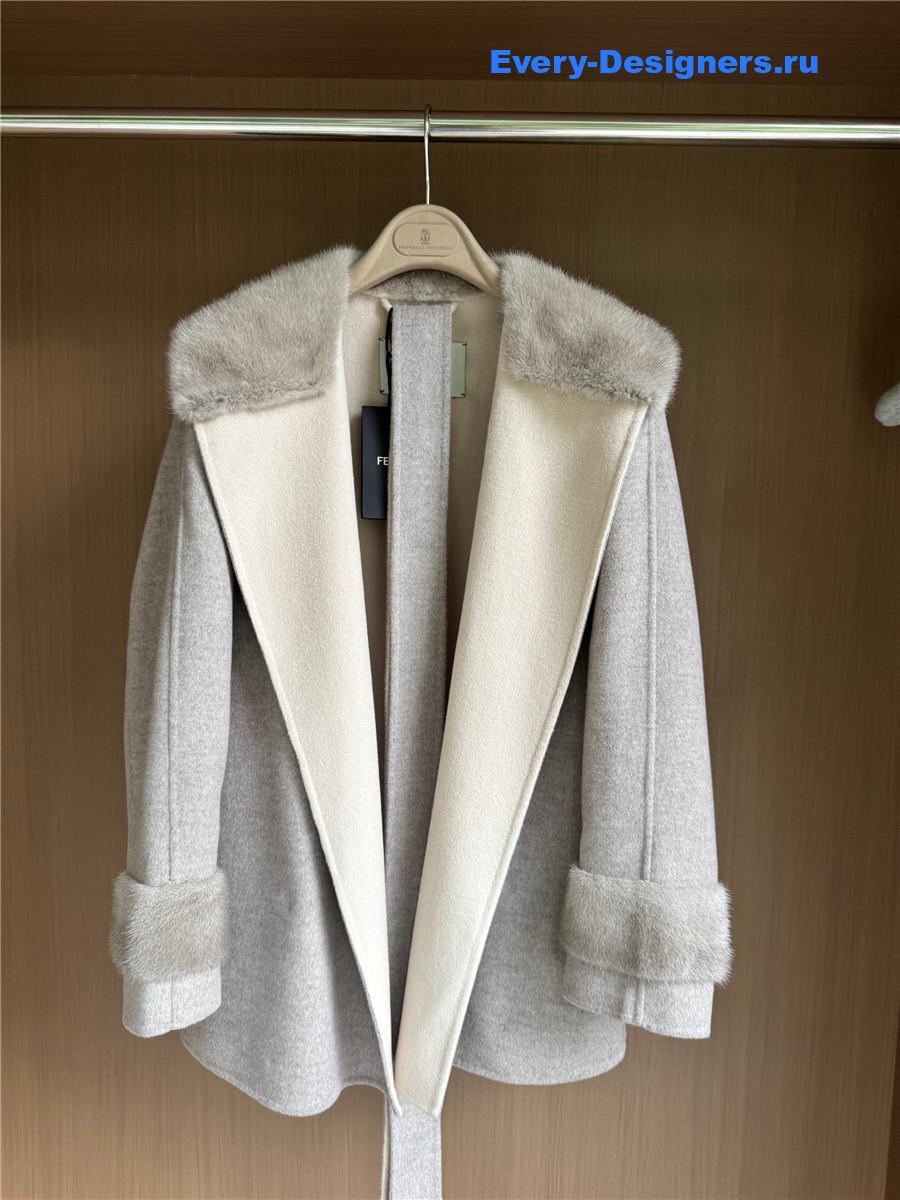 F**di mink collar grey cashmere coat