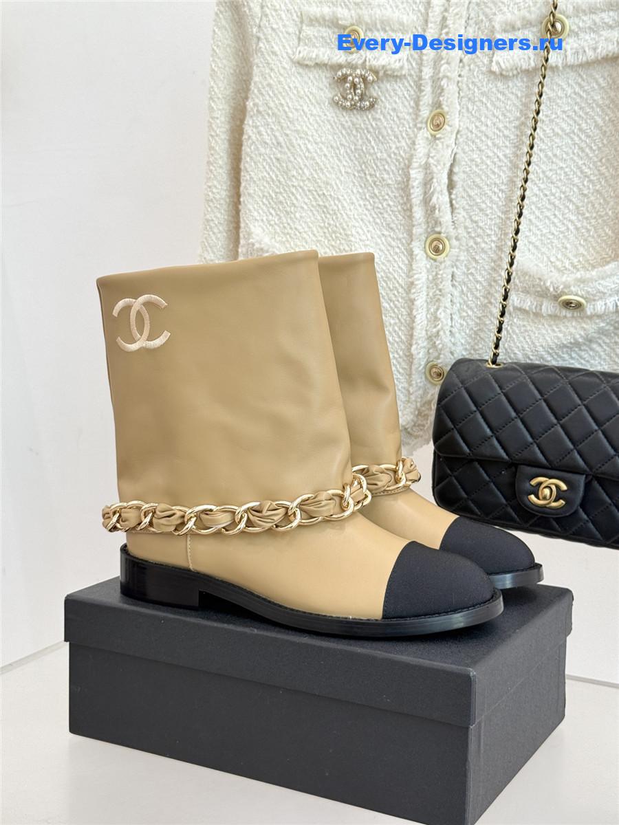 Ch**el beige leather black cap toe chain boots